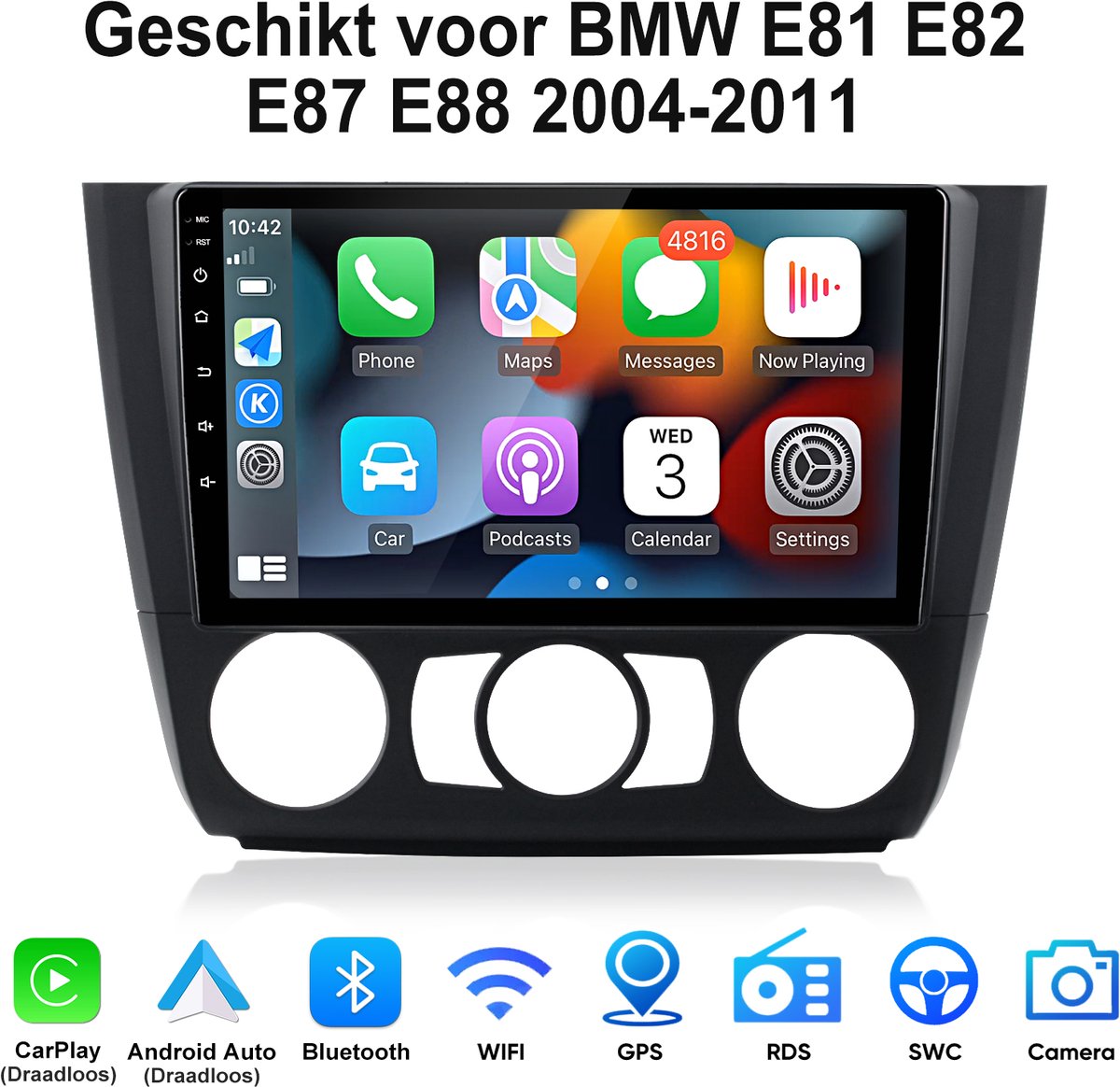 Junsun Andoird 15 Autoradio Geschikt voor BMW E81 E82 E87 E88 2004-2011 - Draadloze CarPlay & Andriod Auto - GPS-navigatiesysteem - Bluetooth - WiFi - 9 Inch TouchScreen - RDS - USB - Stuurwielbediening