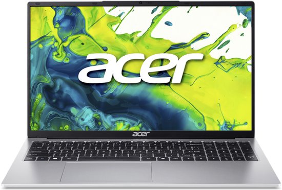 Zilverkleurige Acer laptop met een helder scherm en het Acer logo.