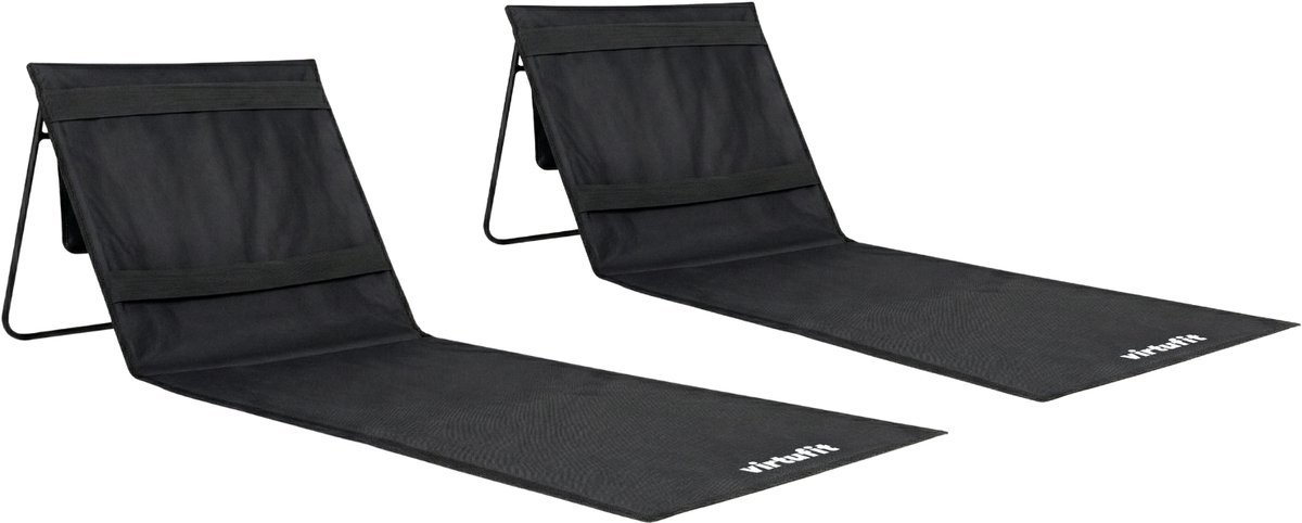 VirtuFit Strandmat met Rugleuning - Set van 2 - Zwart - 166 cm - Verstelbare Rugleuning - Eenvoudig Opvouwbaar & Draagbaar