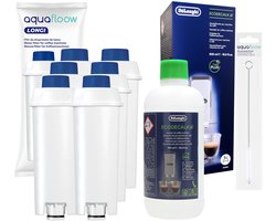 Aquafloow, 6x waterfilter voor koffiezetapparaten, filterpatroon compatibel met Delonghi SER3017 DLS C002, + 1x ontkalker, DeLonghi EcoDacalk 500ml + 1x reinigingsborstel, set