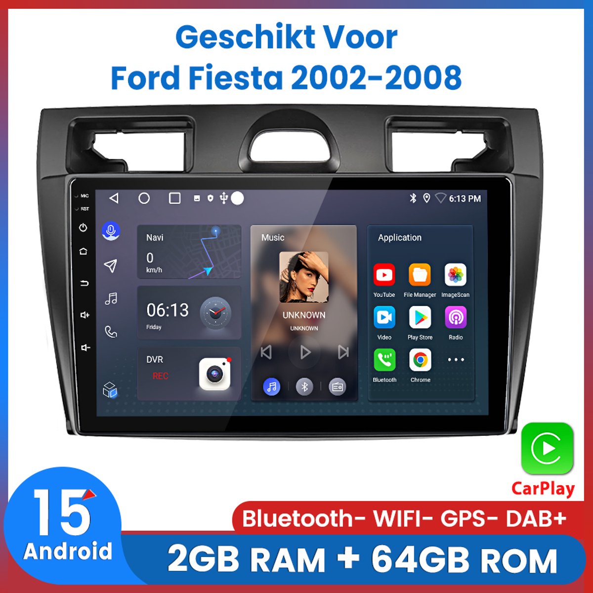Awesafe Autoradio Geschikt Voor Ford Fiesta 2002 t/m 2008 - Android 15.0 - Draadloos Apple Carplay & Android Auto - 2GB + 64GB - 4 Core processor - Bluetooth & Wifi GPS Navigatie - 2002 2003 2004 2005 2006 2007 2008