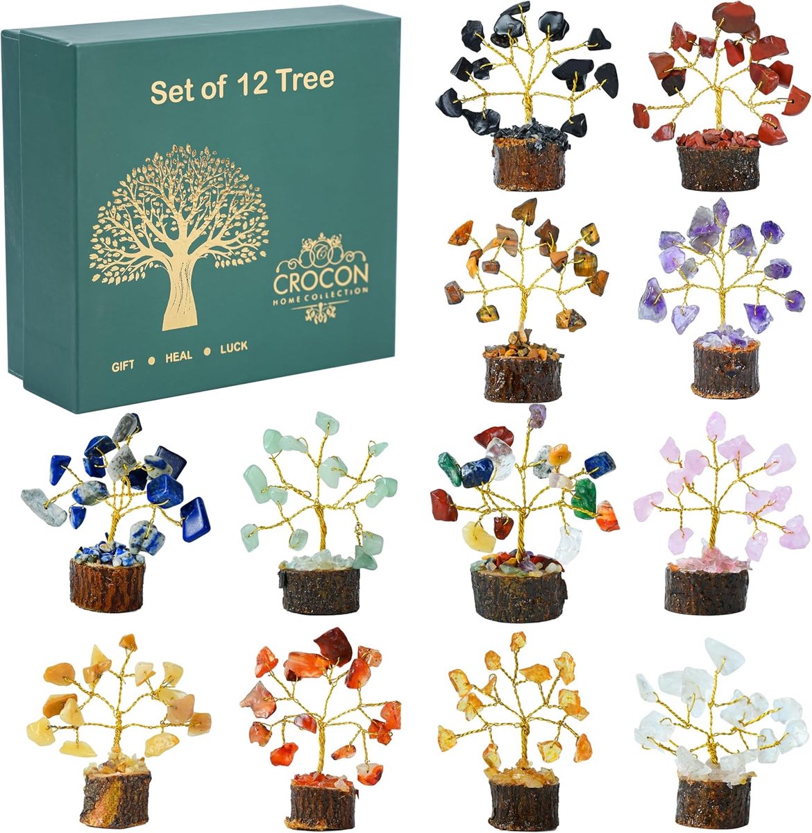 SnelShoppen - 12 Mini Kristallen en Geneeskrachtige Stenen - Boom des Levens, Chakra Decoratie voor Thuis en Kantoor, Positieve Energie, Verjaardagsca