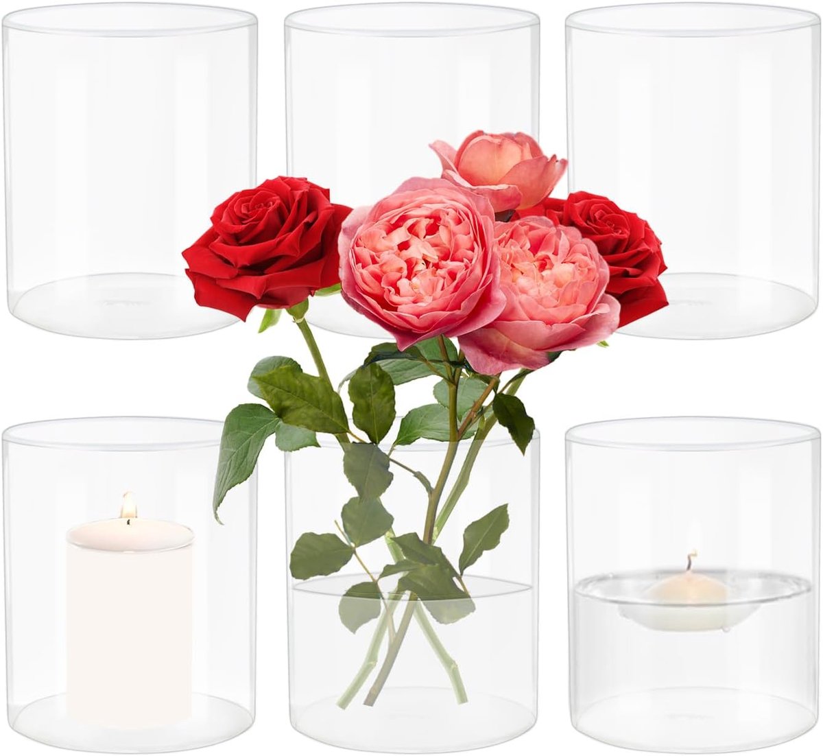 SnelShoppen - 6 Stuks 8.5x10cm Glazen Cilinder Vazen - Kleine Heldere Bloemenvazen van Borosilicaatglas - Tafelvazen voor Bloemen, Blokkaarsen en Drij