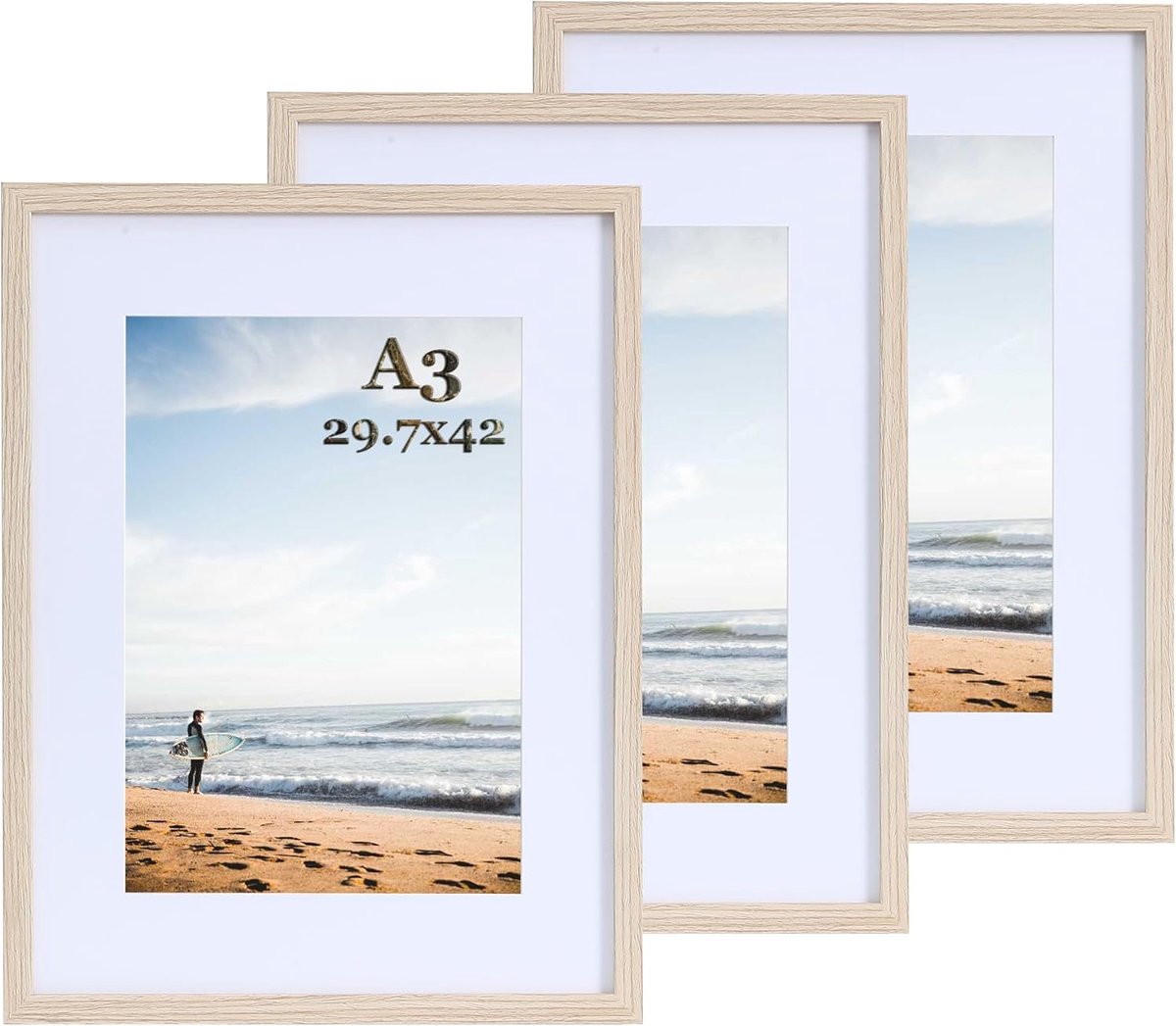 SnelShoppen - Set van 3 A3 Houten Fotolijsten 29.7 x 42 cm met Mount - MDF Lijsten voor Certificaten, Foto's, Posters en Puzzels - Onbreekbaar HD-acry
