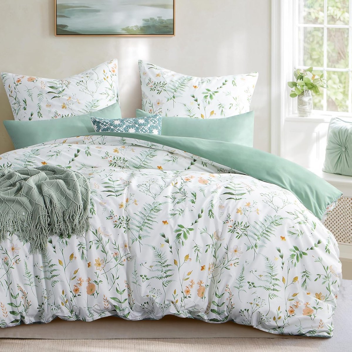 SnelShoppen - Luxe Bedlinnen 200x200 cm Set met Dekbedovertrek en 2 Kussenslopen - Microvezel, Groene Bloemenprint, Zacht en Kreukvrij, Perfect voor E