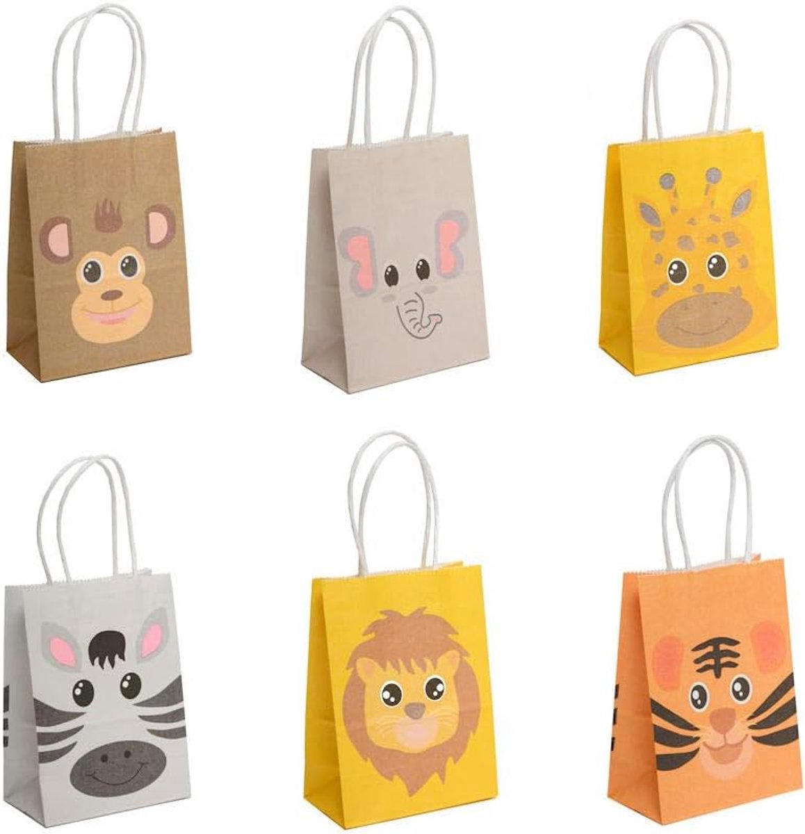 SnelShoppen - 12 PCS Mix Happy Animals Treat Hand Out Paper Bags met Handvat - Papieren Cadeauzakken voor Kinderen - Feest- en Verjaardagstasjes - 11x
