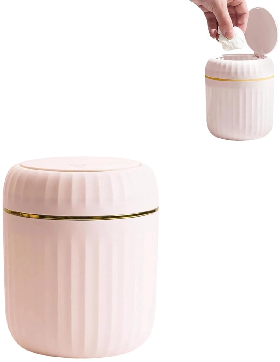 SnelShoppen - Mini Afvalbak met Drukdeksel 2 Liter, Compacte Bureau Prullenbak voor Badkamer, Dressing Table, Kantoor, Slaapkamer - Roze (13x13x16cm)