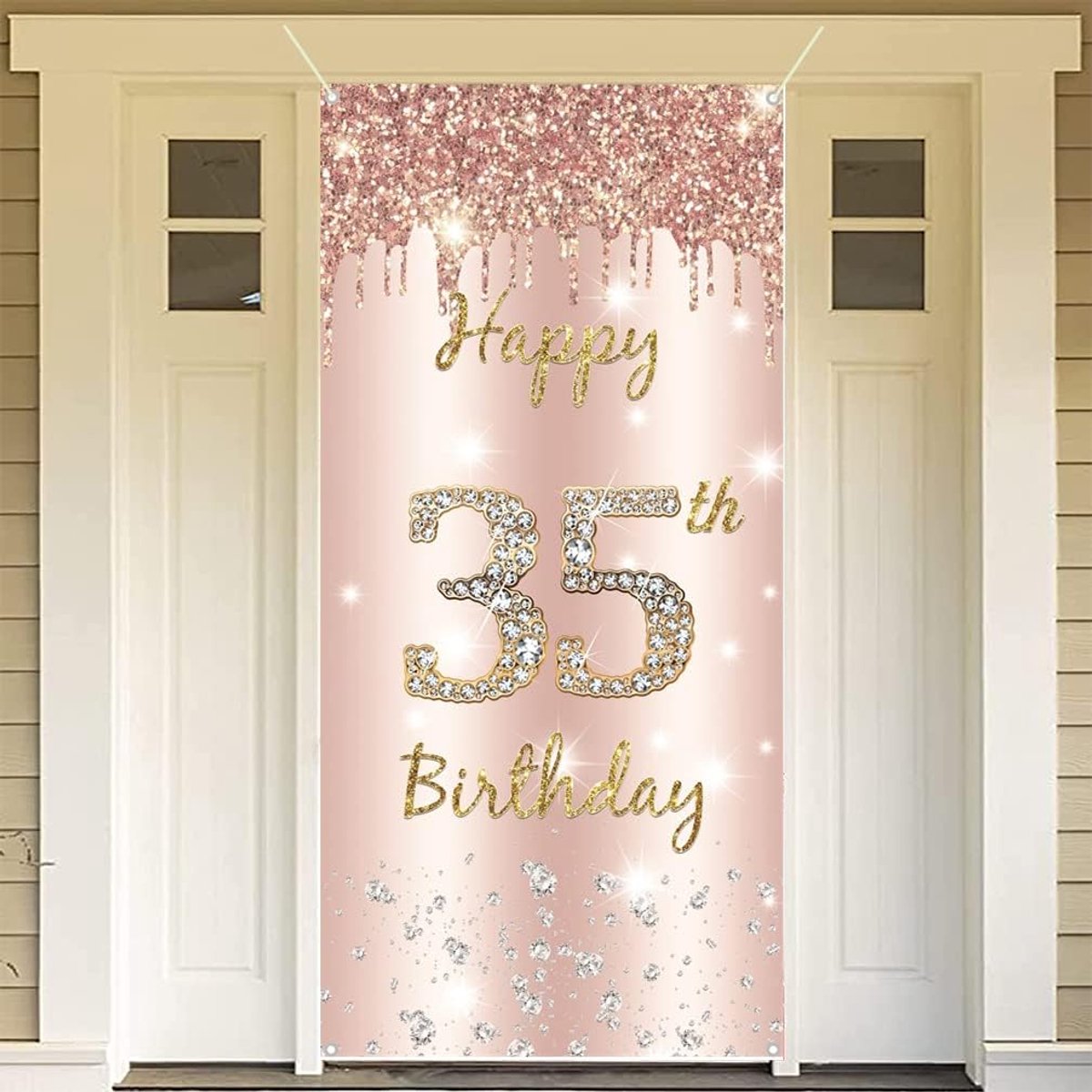 SnelShoppen - 35e Verjaardag Decoratie Vrouwen - Happy Birthday Banner Roze Goud - Feestversiering - Duurzaam Vinyl - Welkomschild voor Verjaardagsfee