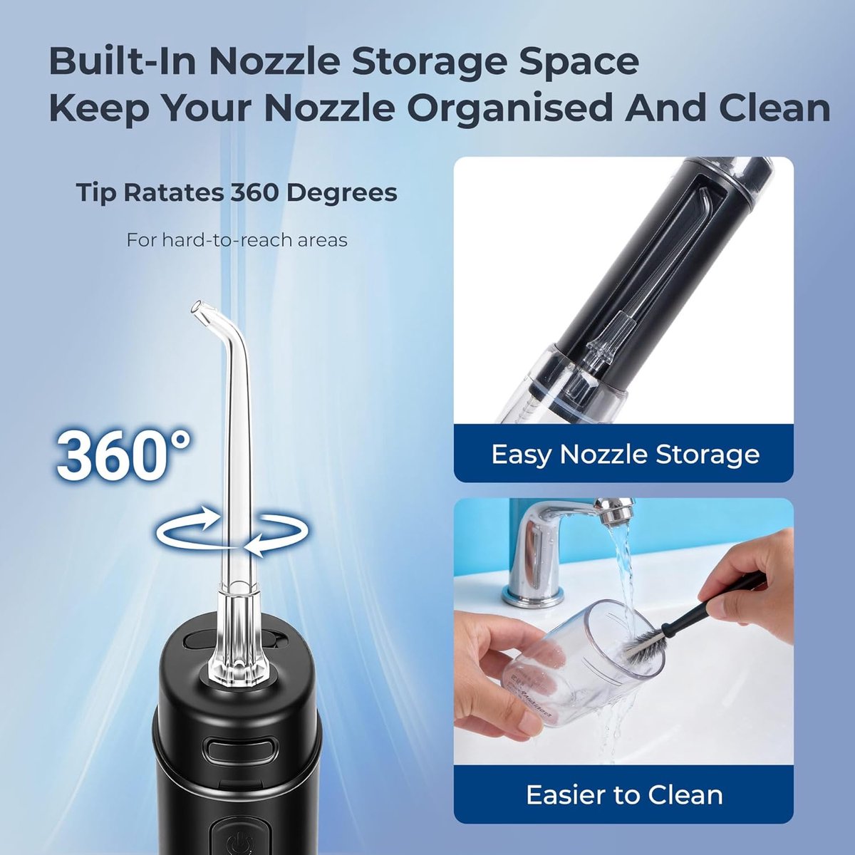 SnelShoppen - Draadloze Water Flosser, Draagbare Mondirrigator, 3 Drukniveaus, 6 Tips, IPX8 Waterreservoir, USB-C Oplaadbare Pocket Flosser, Zwart thumbnail 6