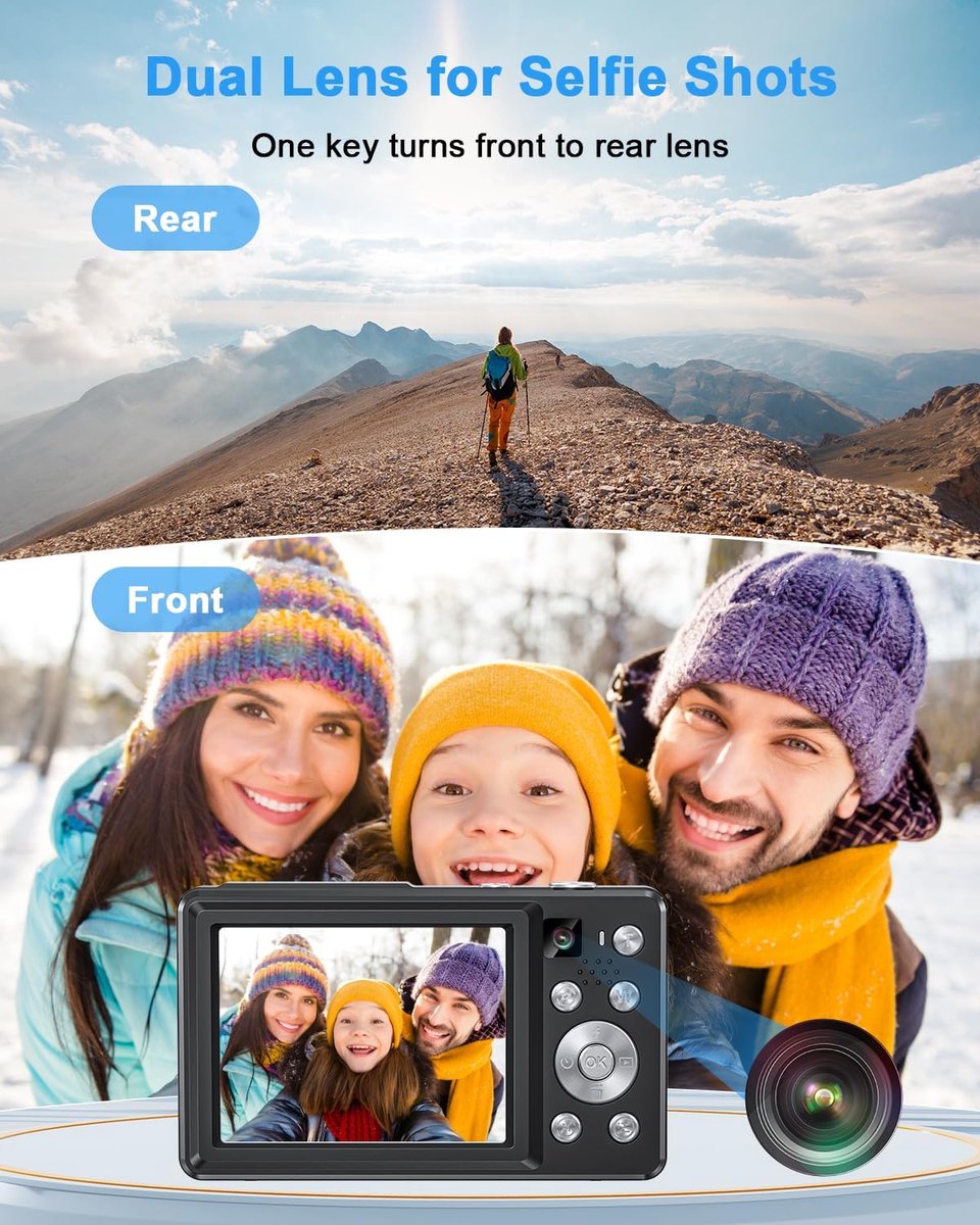 SnelShoppen - Digitale Camera 4K 64MP met Dubbele Lens, Autofocus, Flits, 16x Zoom, Antischok, 32GB Geheugenkaart - Compacte Vlogging Camera voor Kind thumbnail 2