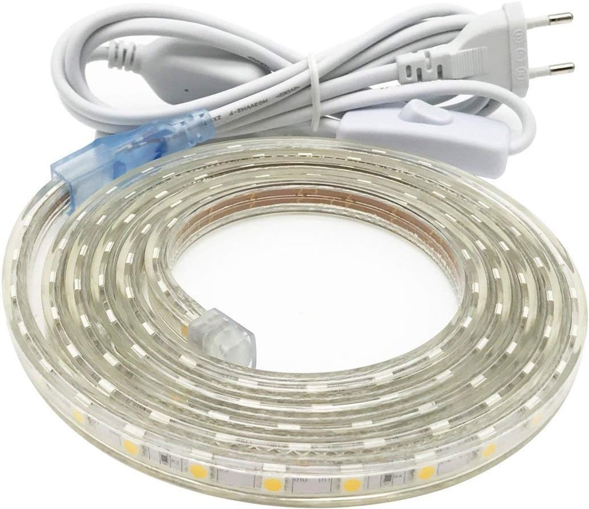 SnelShoppen - LED Strip 230V 3m IP65 Waterdicht 60 LEDs/m Warm Wit 3000K met Schakelaar Zelfklevende Lichtstrip voor Keuken, Kast, Planken, TV Verlich