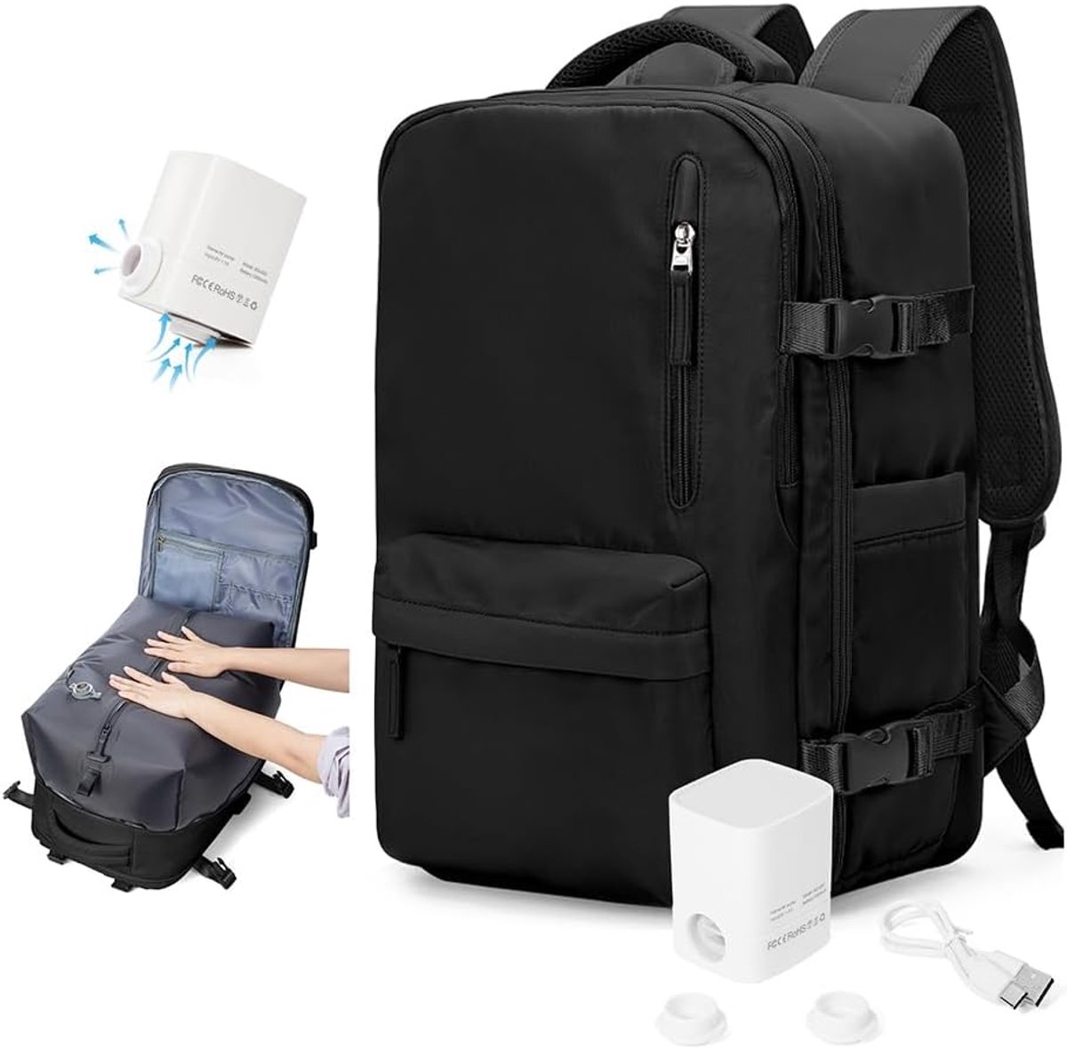 SnelShoppen - Vacuum Packed Hand Luggage Backpack met Pomp, 40x30x20 cm, Ideaal voor Ryanair, Easyjet, Onderstoel Bagage, Weekend Bag, Hiken, Casual D
