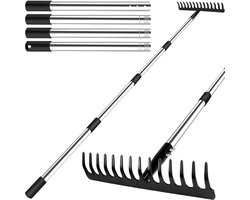 Garden Rake with Handle - 14 Teeth Metal Rake with Stainless Steel Handle for Loosening Ground and Leveling Lawn - Robust and Durable - Includes Leaf Crushers