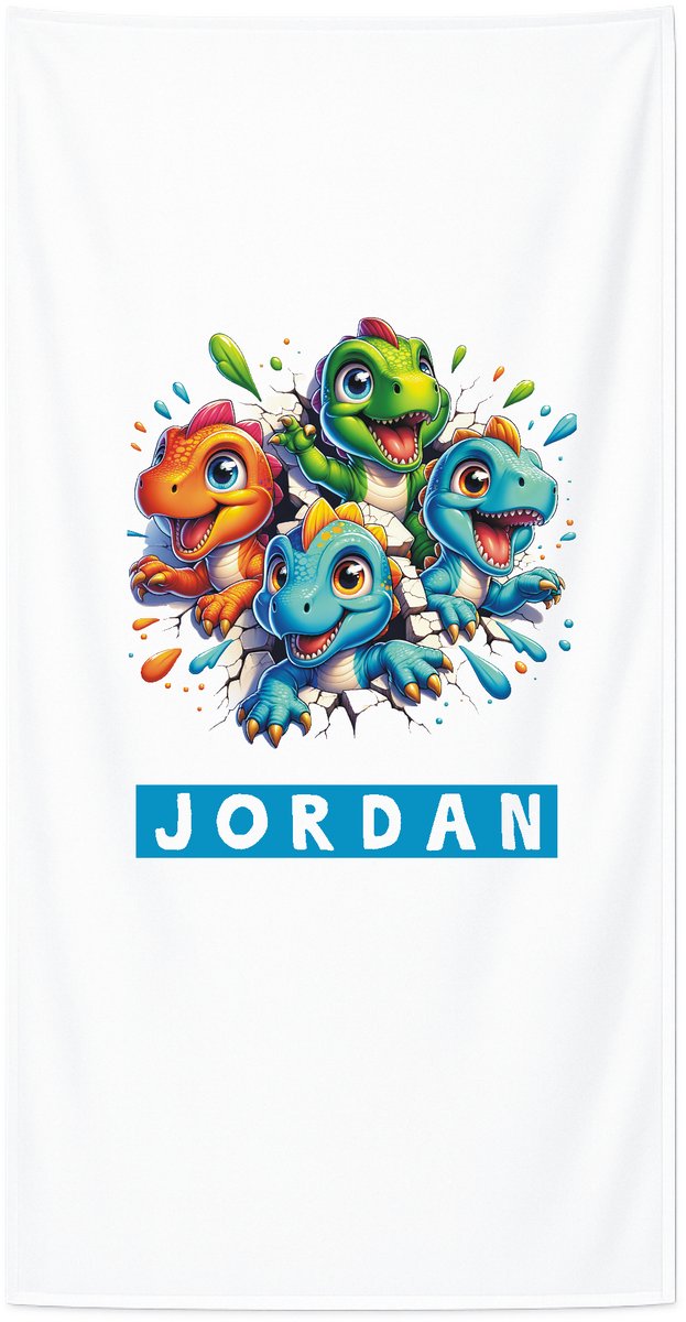 Strandlaken met naam kind 70x140 cm - Badhanddoek badstof - Gepersonaliseerd – Dino’s vrolijke kleuren – Livingstickers - Wit