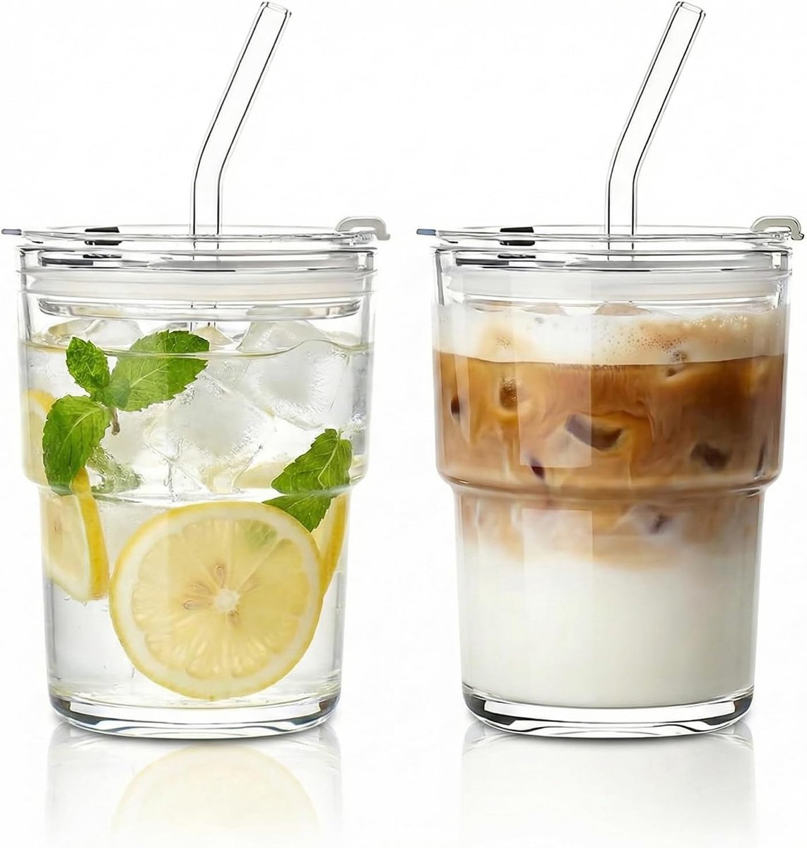 SnelShoppen - Set van 2 Matcha-glazen 450 ml met Deksel en Rietje, Esthetische IJskoffieglazen, Grote Smoothiebeker voor Bubble Tea en Cocktails, Dikk