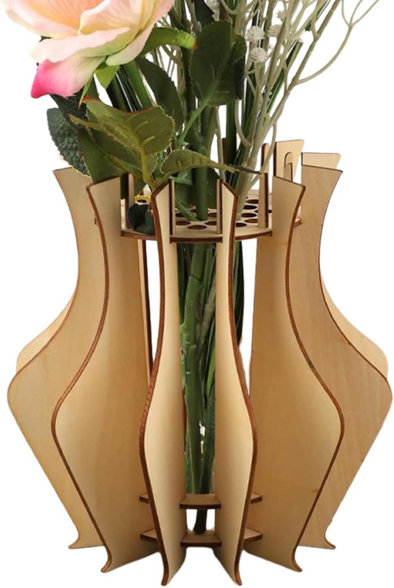Houten Puzzel Vaas - Bloemenbak Decoratie - Bloemen Schikken - Unieke Multidimensionale Vorm - 21x21x9 cm - Houtkleur