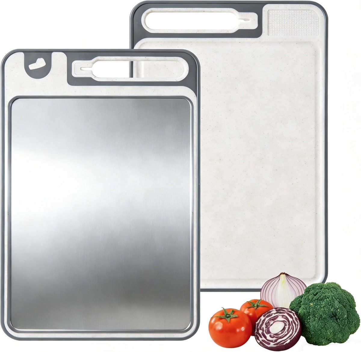 SnelShoppen - Dubbelzijdige snijplank RVS 304 & tarwestro 37x25 cm | BPA-vrij, eenvoudig t