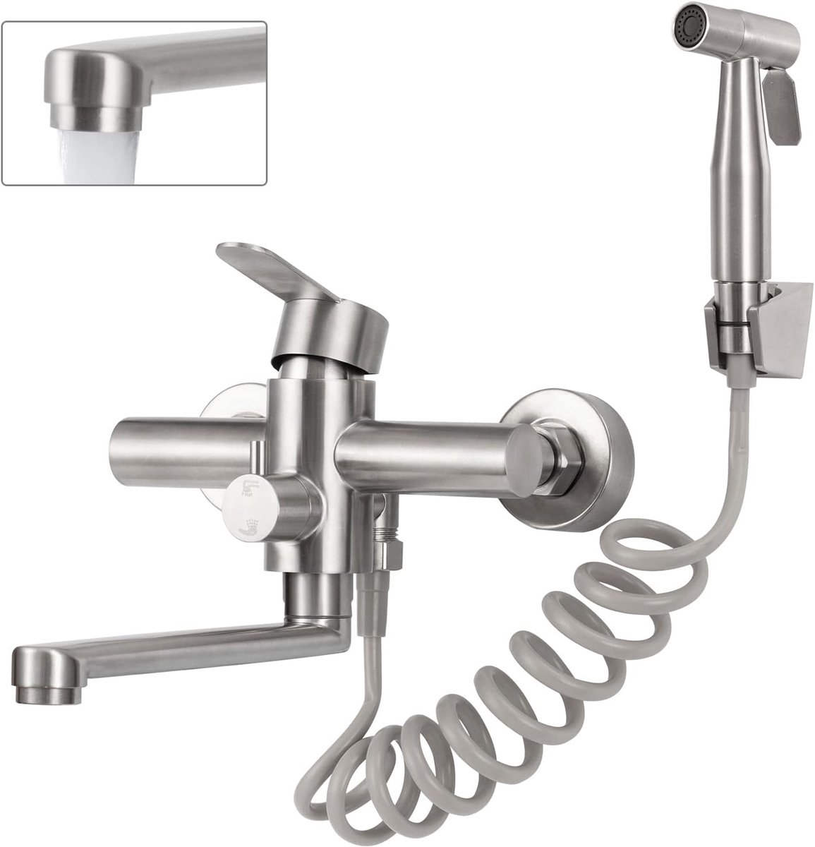 SnelShoppen - Keuken Wandkraan met Spray Gun, 360° Draaiende Wand Faucet, RVS Gehaard, 23 cm Zwenkarm, Multifunctioneel voor Keuken, Hygiënisch en Fle