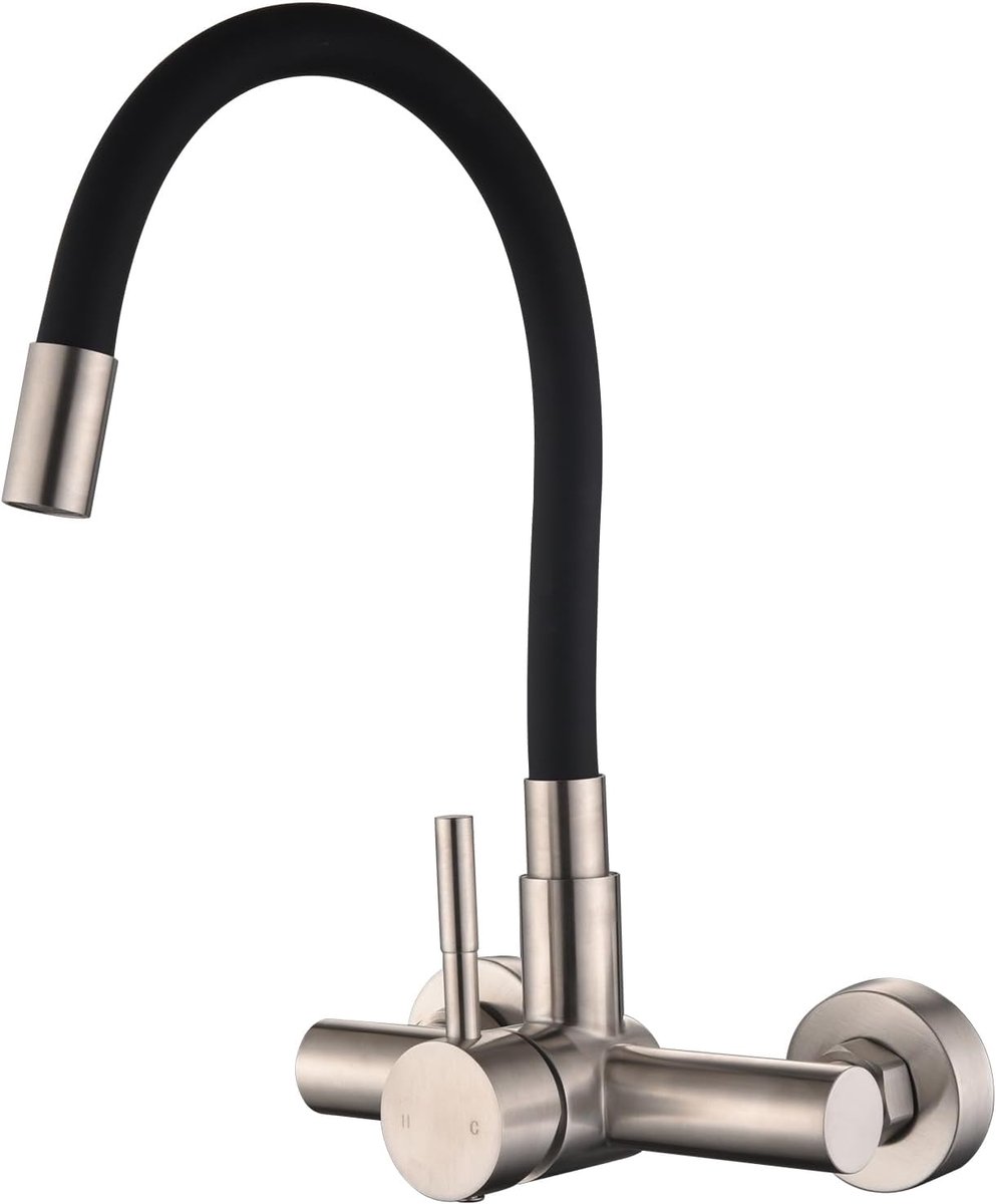 SnelShoppen - Keuken Mengkraan Wandmontage met Flexibele Spout Zwart Koud en Warm Enkelhandige Mixer 360° Draaiend RVS Keuken Faucet met Siliconen Sla