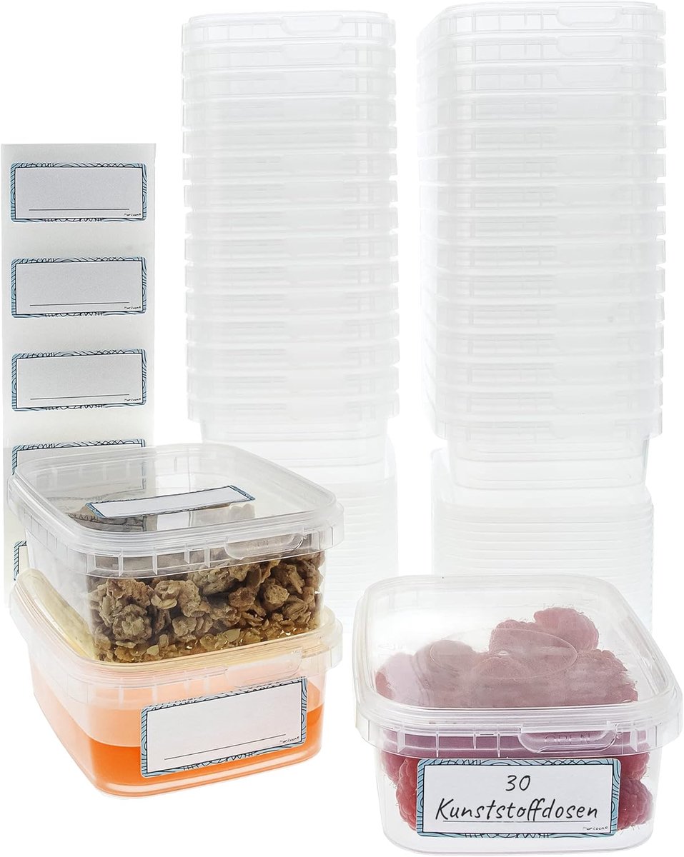 SnelShoppen - Set van 30 vierkante transparante plastic opbergdozen met deksels - 280ml universele potjes voor delicatessen, sauzen en opslag - Ideaal