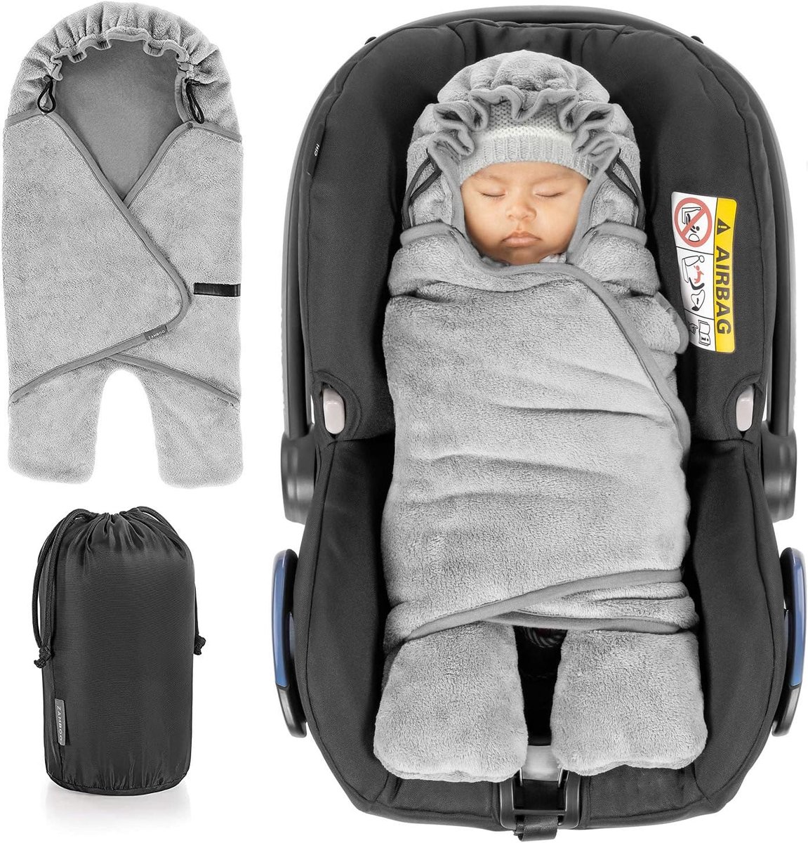 SnelShoppen - Zachte Zamboo Baby Wrap Dekentje Winter met Voetjes voor Autostoel, Kinderwagen, Bed en Speelpen - Cozy Babydeken met Kap en Opbergzak -
