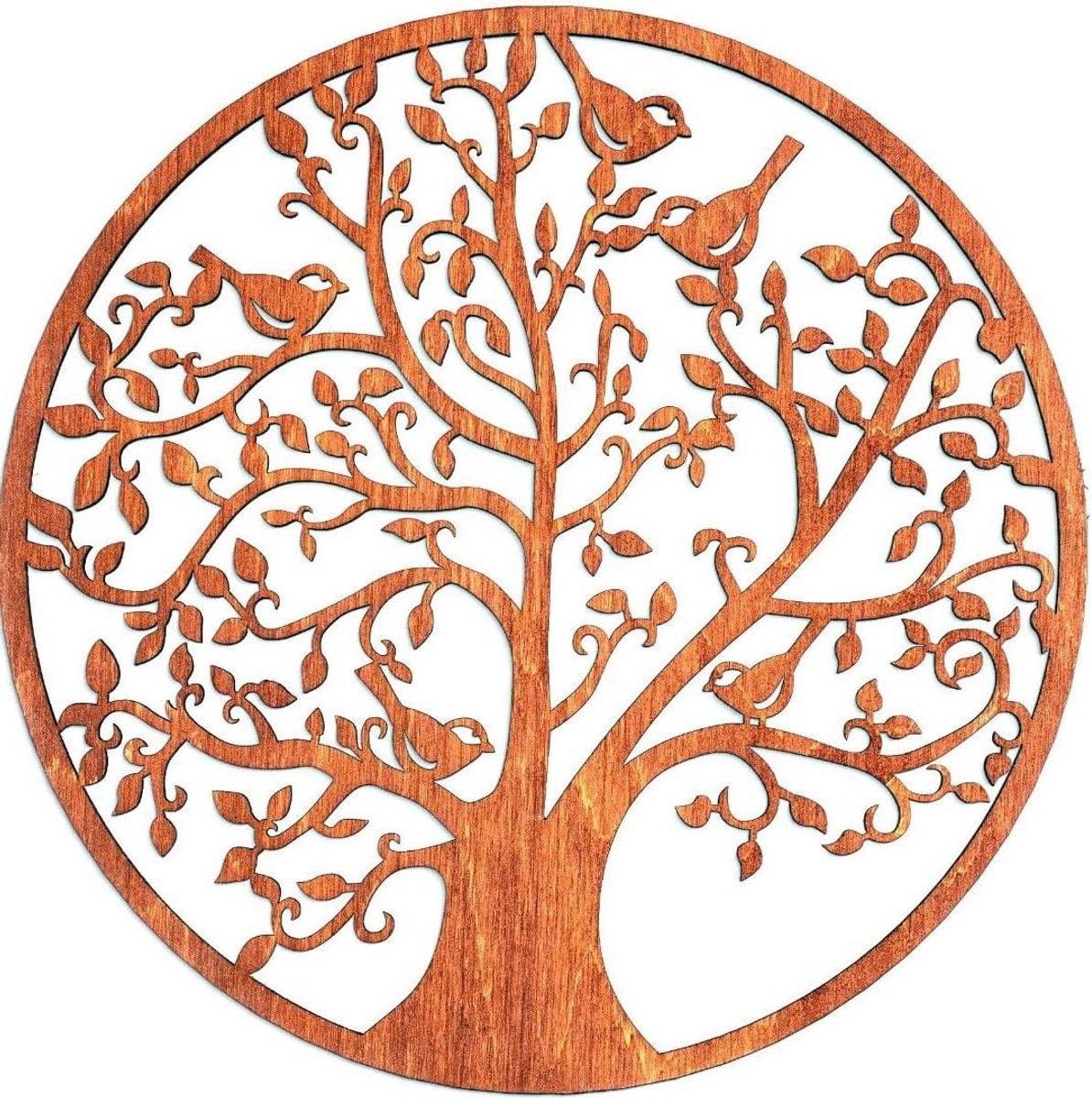 Levensboom wanddecoratie - Muurdecoratie vogels - Woonkamer aankleden - Handgemaakt design - 37 cm diameter - Teakhout
