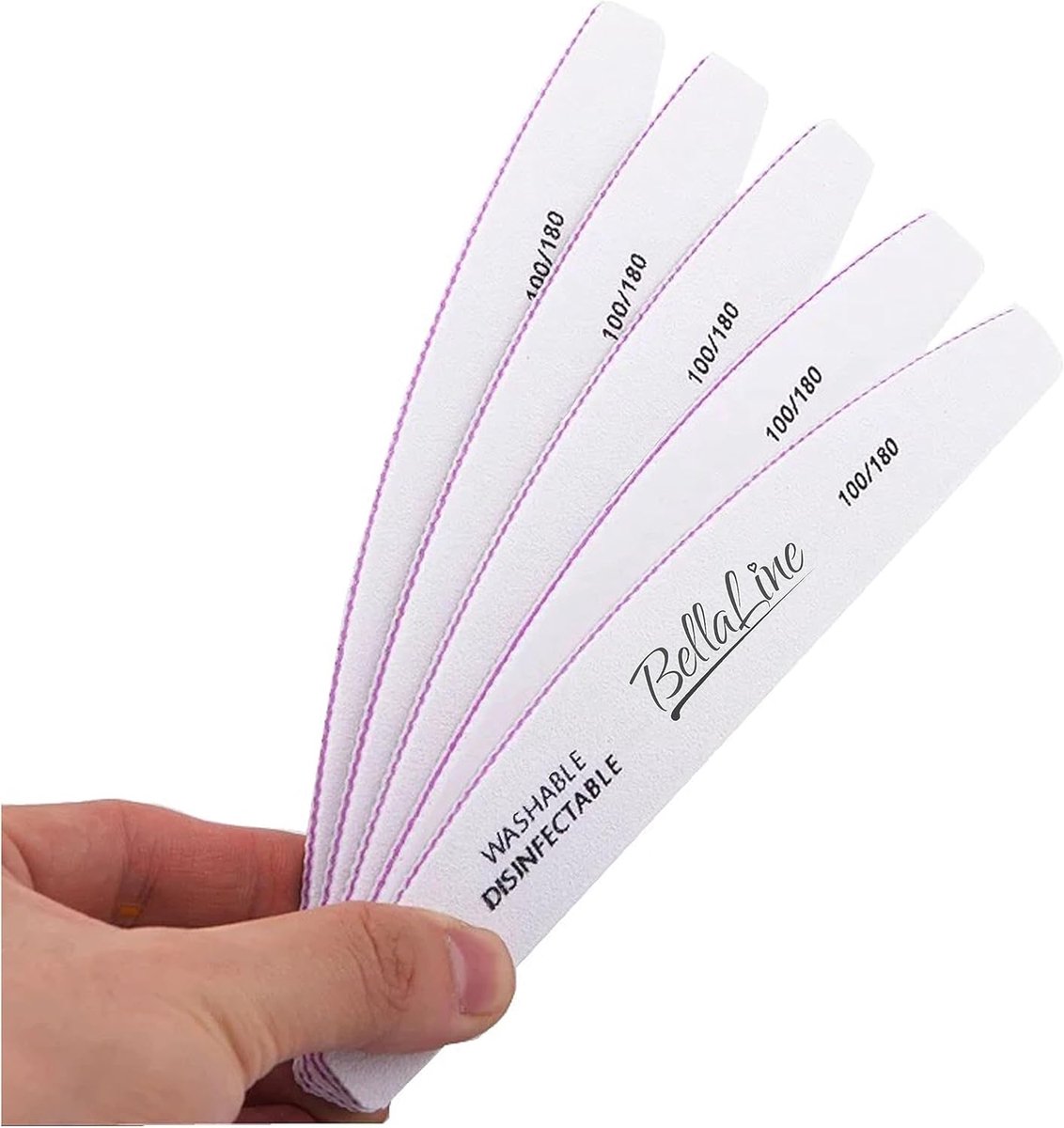 SnelShoppen - Professionele Nagelvijlen 100/180 Grit - 5 Stuks - Kromme Vorm - Voor Gel Nagels, Acrylnagels & Natuurlijke Nagels - Wasbaar & Herbruikb