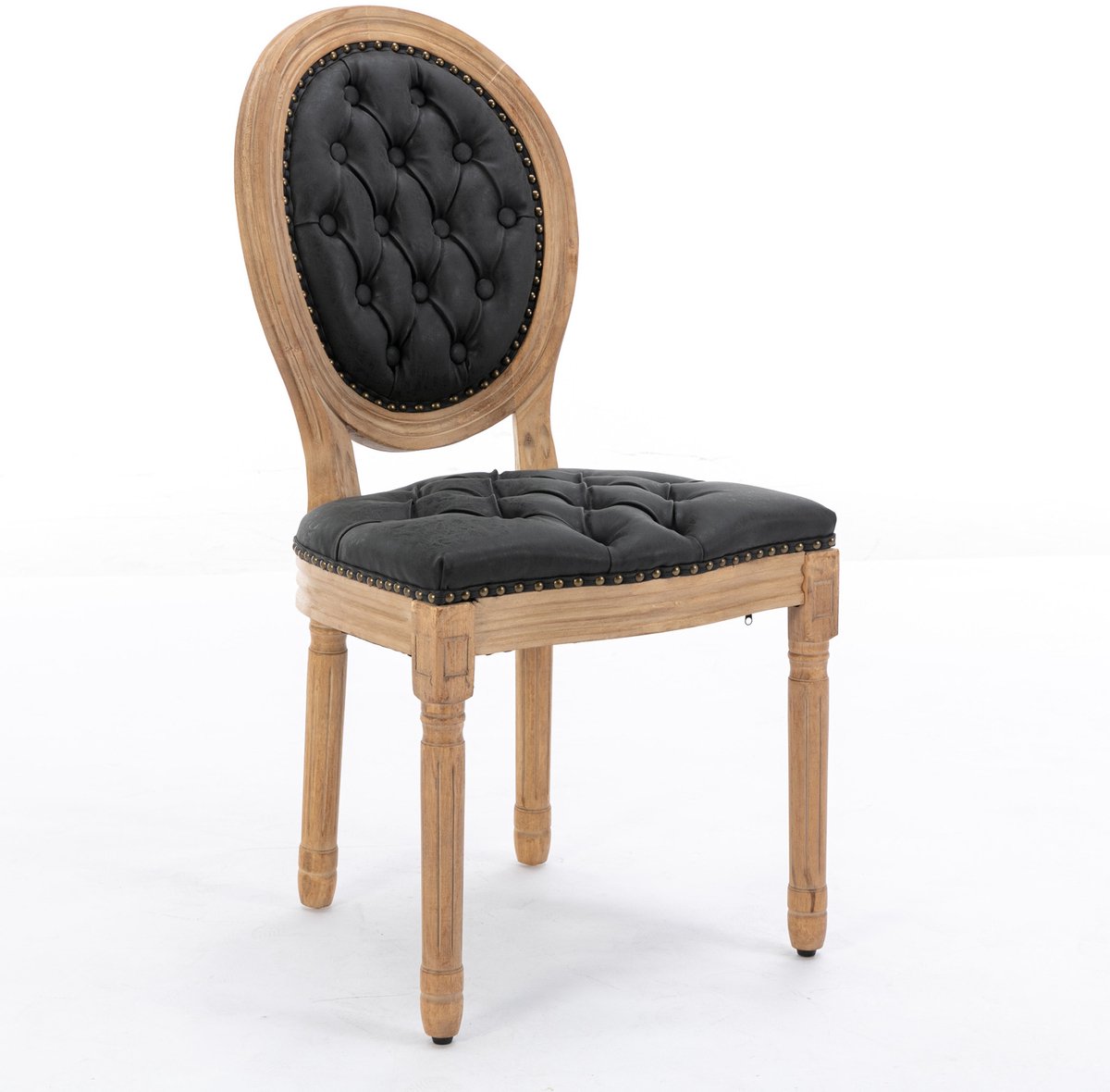 MEUNIQ eetkamerstoel set van 2 zwart met ovalen rugleuning, gecapitonneerde zitting en rug, kunstleren bekleding, houten frame en gedraaide poten voor eetkamer
