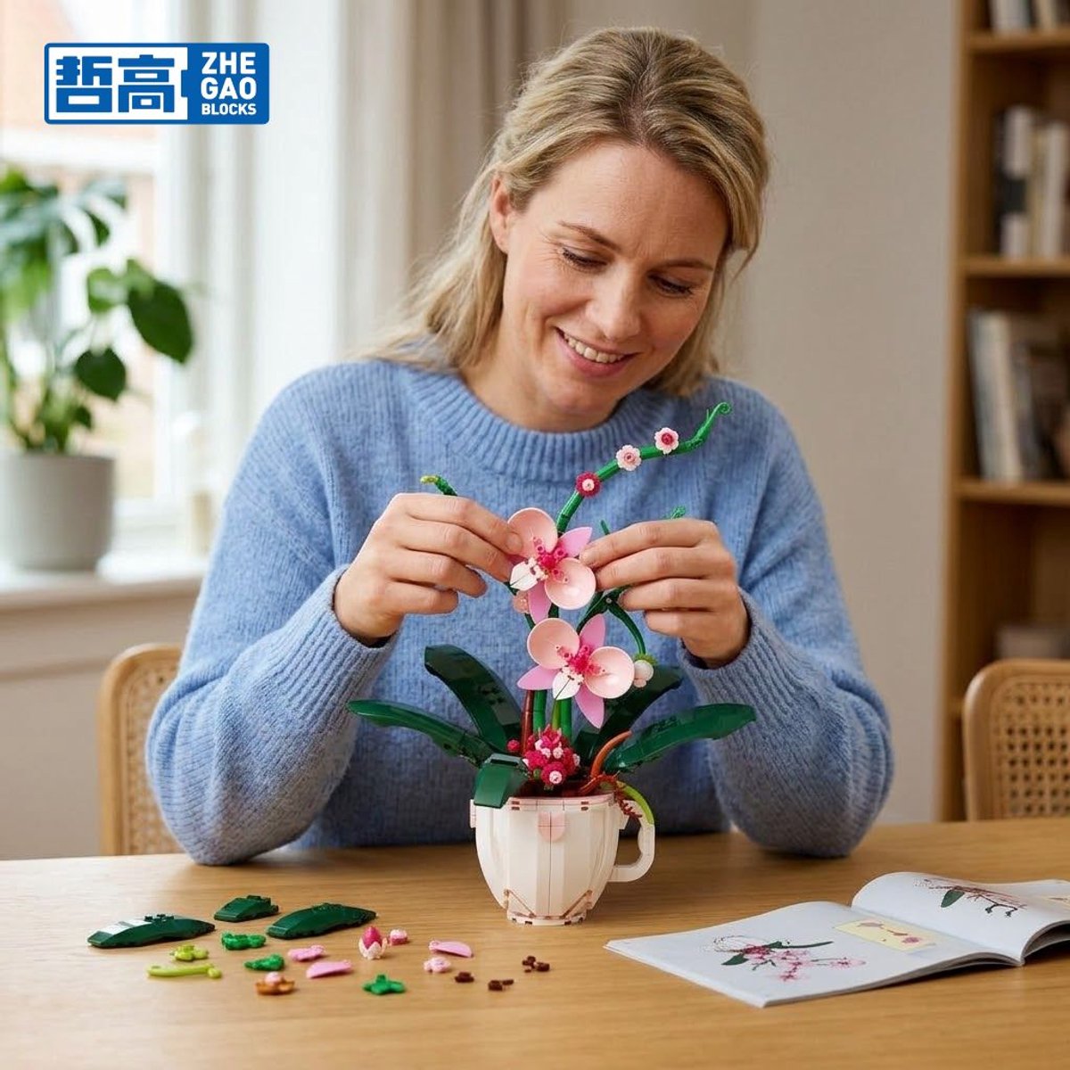Zhe Gao 3005 Roze Orchideeën bloemen bouwset | Botanical Flowers Collection modelbouw | Classic Creator STEM speelgoed bouwpakket voor volwassenen en kinderen | Educatief kunstbloemen decoratie | Niet geschikt voor Lego | bouwdoos met 567 bouwstenen — afbeelding 4