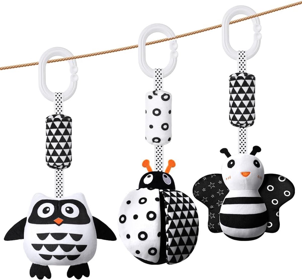 SnelShoppen - Baby Hangspeelgoed 3-delig, Zwart-Wit Rammelaars, Veilig Pluche en ABS, Educatieve Sensory Toys voor Baby's in Autostoel of Kinderwagen