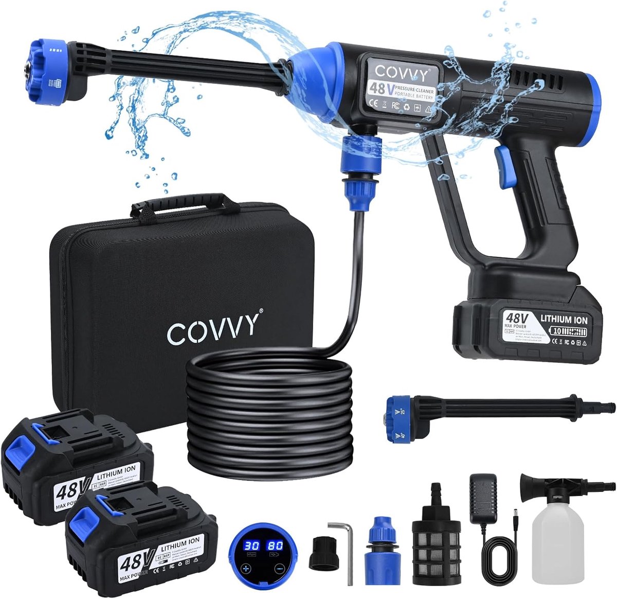 SnelShoppen - Draadloze Hogedrukreiniger 2-Batterij, Portable Met Schuimgenerator, 10 m Slang, Slangconnectorfilter, 6-in-1 Spuitmond, Jet Cleaner Voo