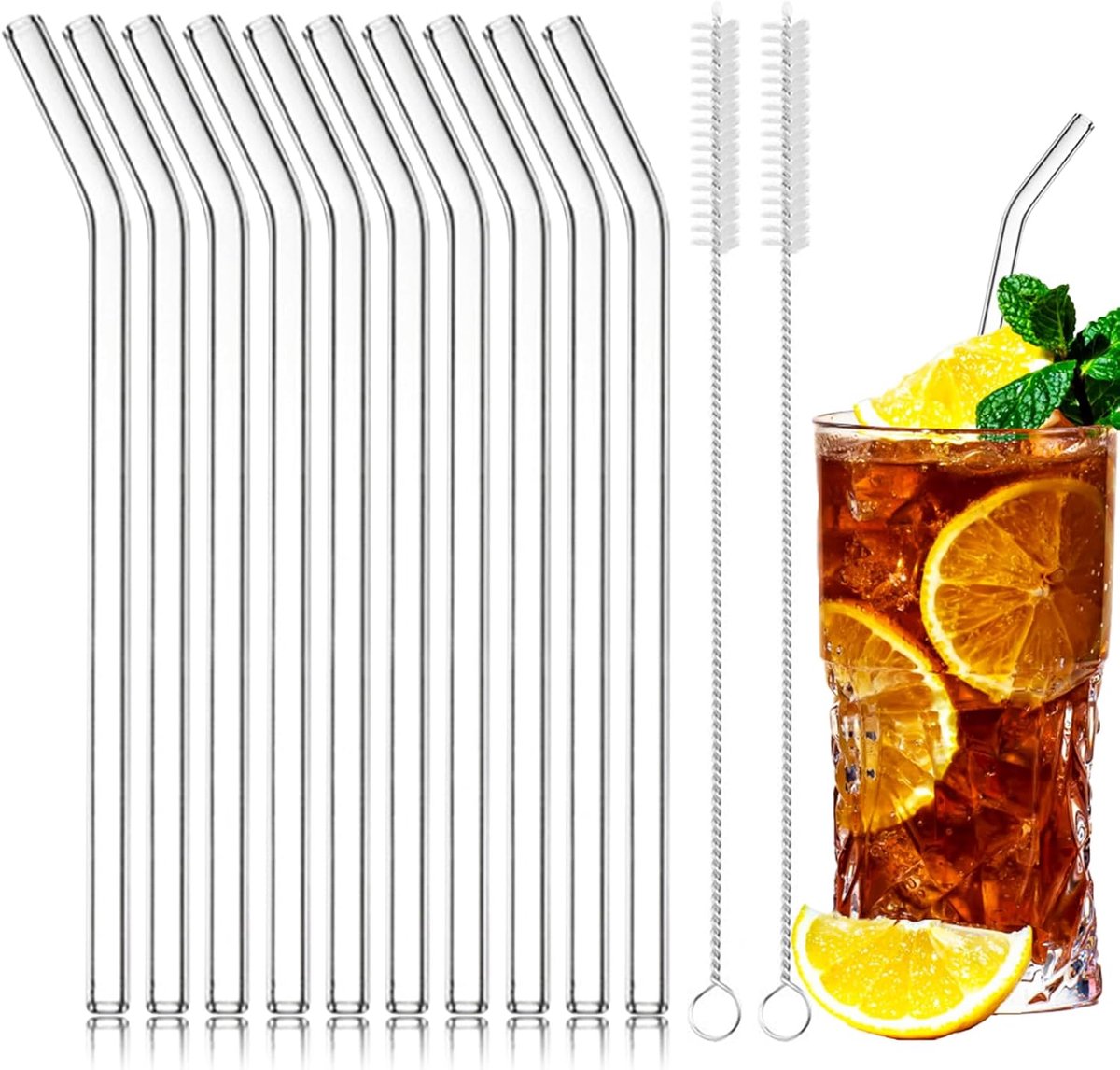 SnelShoppen - Set van 10 Glazen Rietjes 200mm - Herbruikbare, Transparante, Gebogen Rietjes met 2 Schoonmaakborstels - BPA-vrij voor Cocktails, Smooth