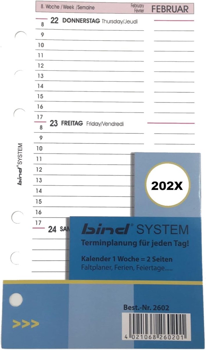 SnelShoppen - A6 Kalenderinlay 2024 - Weekplanner 1 Week / 2 Pagina's - 3-Talige Kalendersysteem - Perfect voor Bind Systeem Planner - Witte Papieren