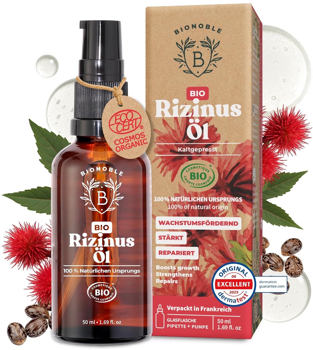 Bionoble Biologische Castorolie – 50 ml – 100% Puur & Koudgeperst – Voor Haar, Wimpers, Wenkbrauwen, Baard en Nagels – Vegan