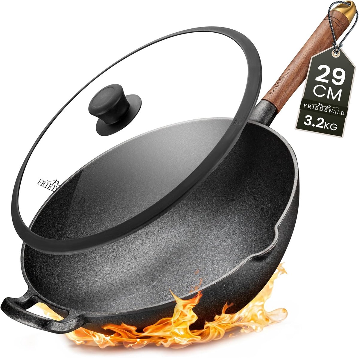 SnelShoppen - Cast Iron Wok met Deksel - 29 cm voor 2-4 Personen - Geschikt voor Inductie - Antiaanbaklaag - Hoge Rand - Grill & Casserole voor Keuken