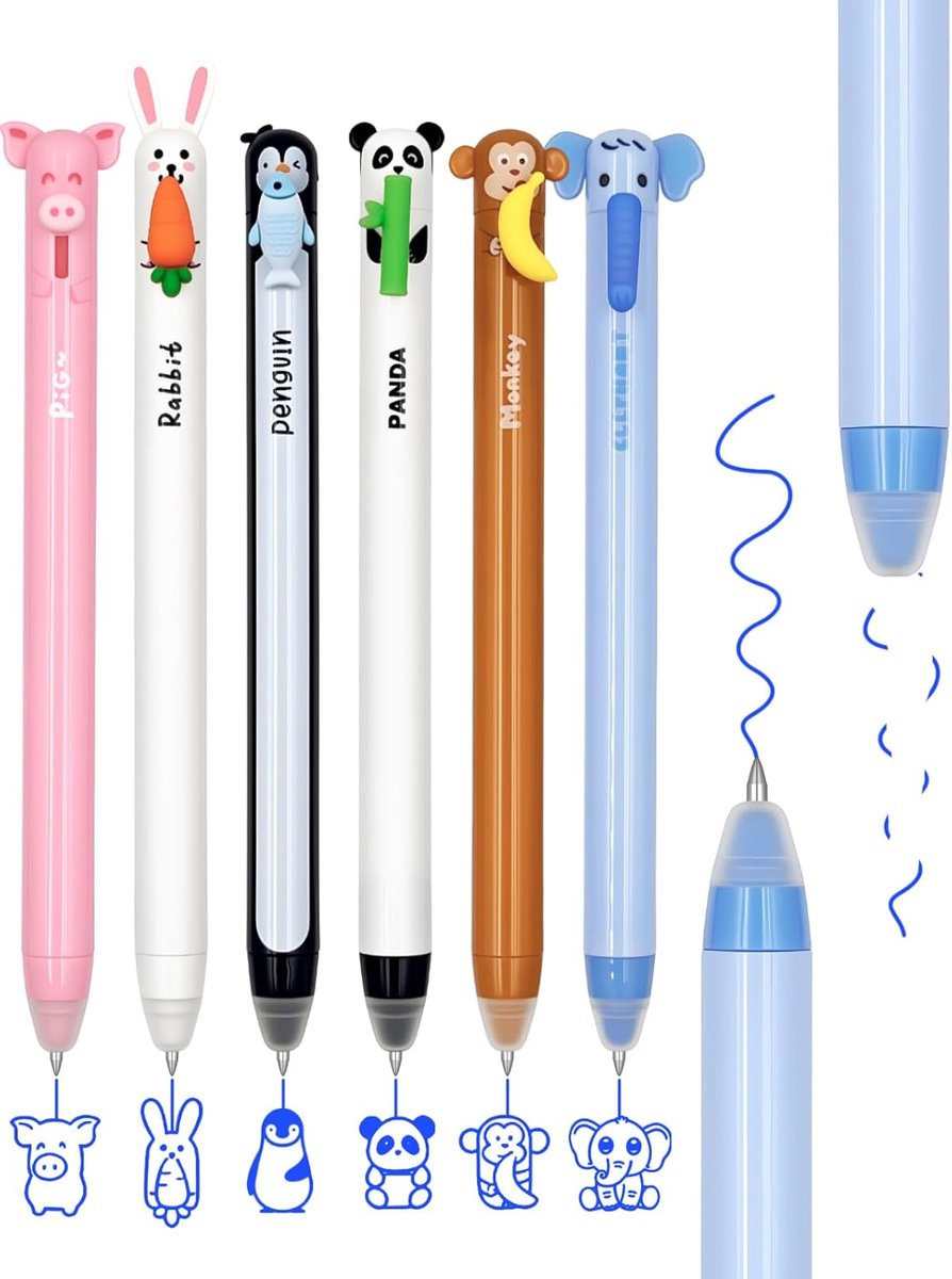 SnelShoppen - Set van 6 Uitwisbare Balpennen 0.7 mm Blauw, Gel Pen Set met Dierenontwerpen, Ideale School en Kantoorbenodigdheden, Perfect Cadeau voor