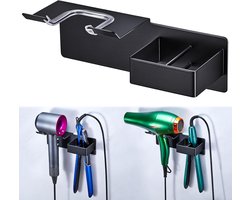 SnelShoppen - Hair Dryer Holder No Drilling - Wandhouder voor Föhn en Steamer - Metalen Haardrogerhouder voor Badkamer - Zwart - Duurzaam en Stijlvol