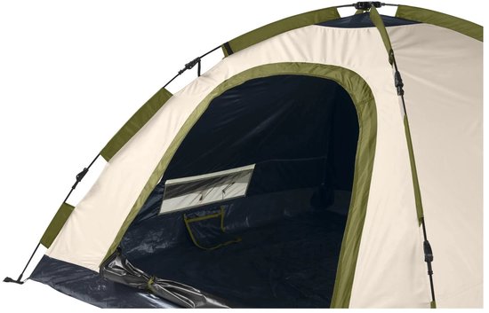 Tent met ecru en olijfgroene accenten, donkerblauwe bodem en binnentent. Opening met raam.