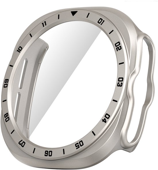 Een zilverkleurige horlogebeschermer met een ring van cijfers en streepjes.