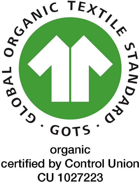 GOTS logo: Global Organic Textile Standard, biologisch gecertificeerd door Control Union CU 1027223.