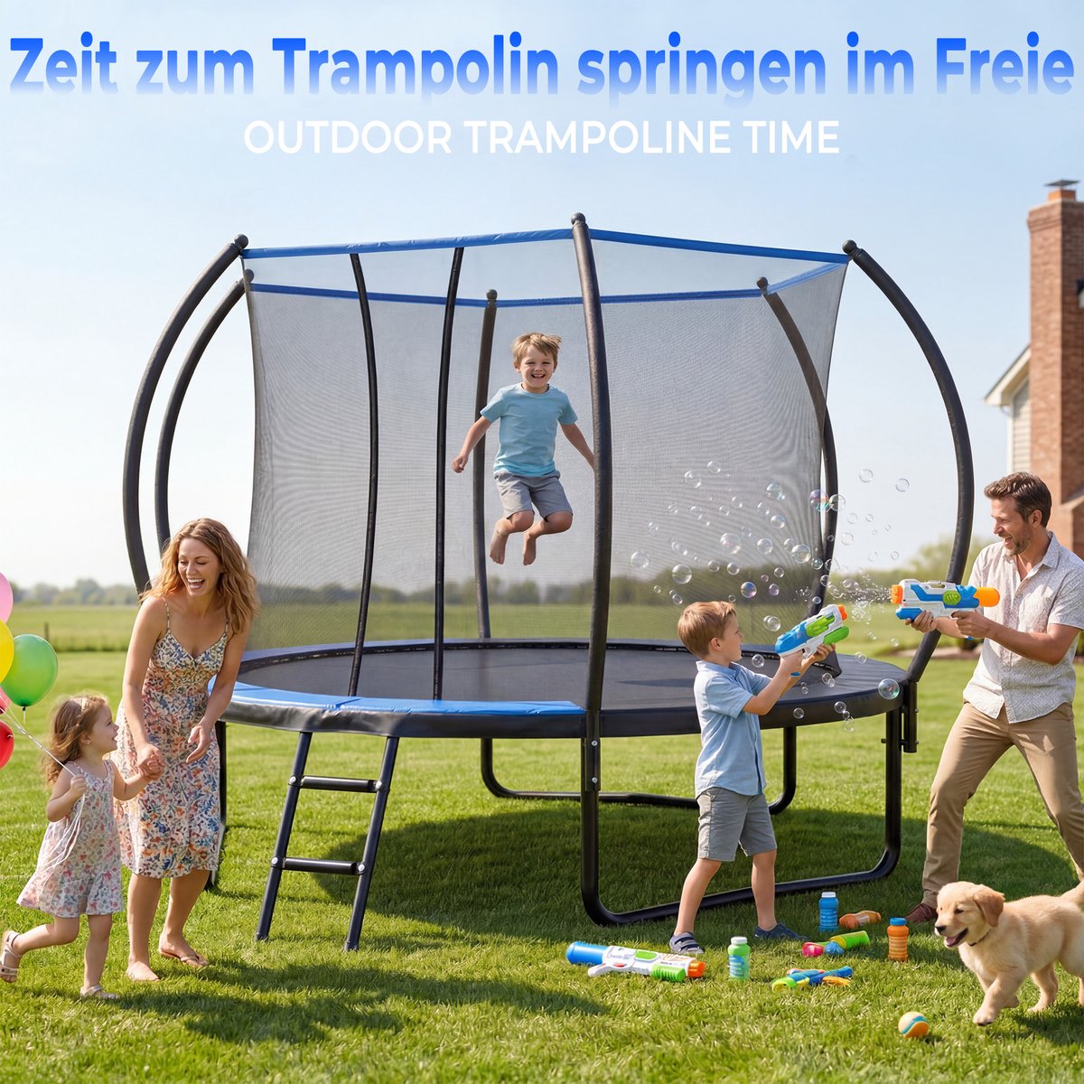 Trampoline Veiligheidsnet – 305 Cm – Staal – Zwart Blauw – Voor Buiten In De Tuin – Met Ladder En Dubbele Roestbescherming