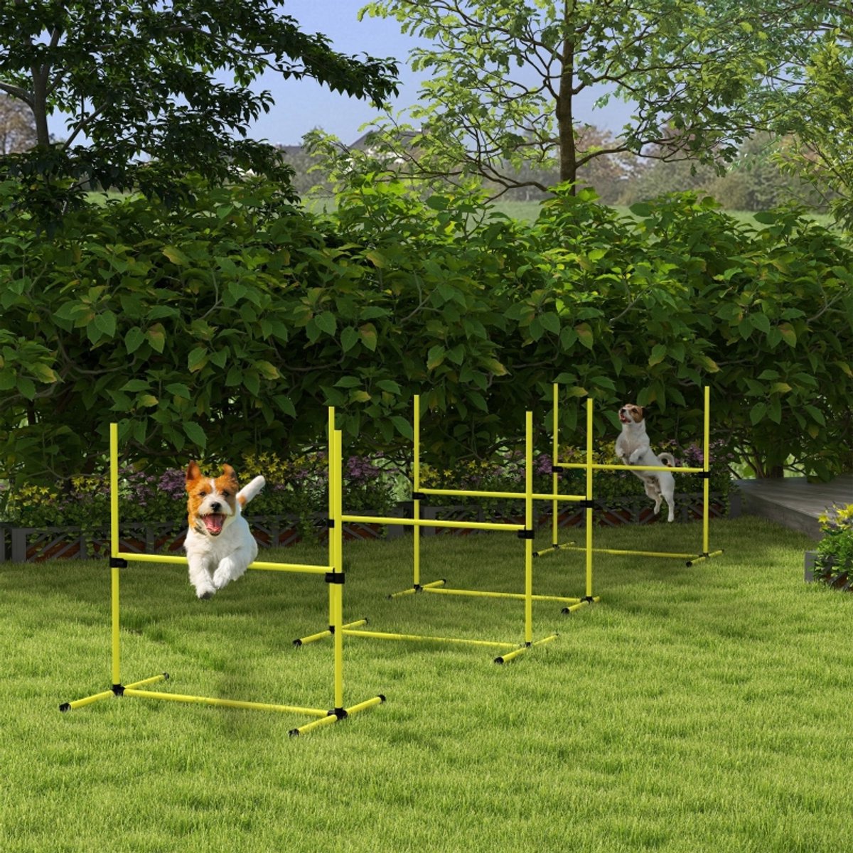 MIVRAY Agilityset Voor Honden – Verstelbare Hordes – 99 x 65 x 94 cm – Kunststof – Geel – Training Met Slalomstangen En Draagtas