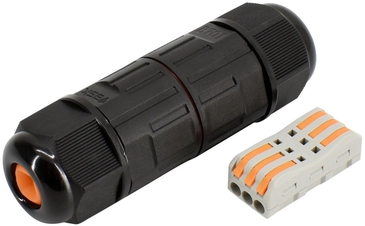 Bemko Kabelverbinder - Waterdicht IP68 - Snoer connector 3x1,5mm2 - 3-polige WAGO koppeling - 450V~ / 17.5A - Zwart