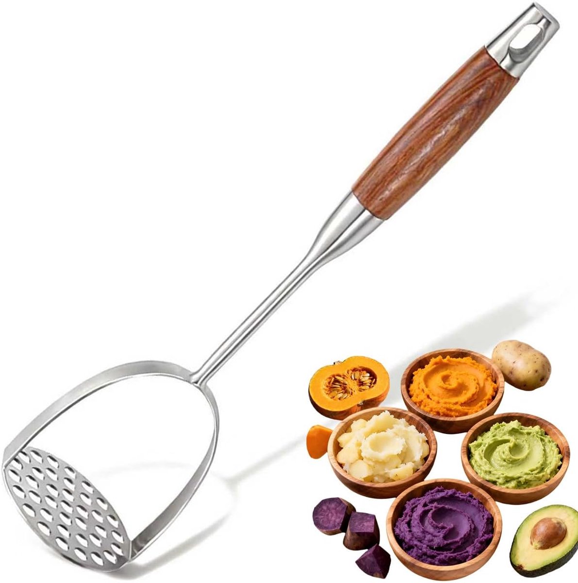 VHV - Aardappelstamper - Professionele RVS pureestamper - Keukenstamper34 cm - Voor aardappelen, zoete aardappel, wortels en groenten - Zilver