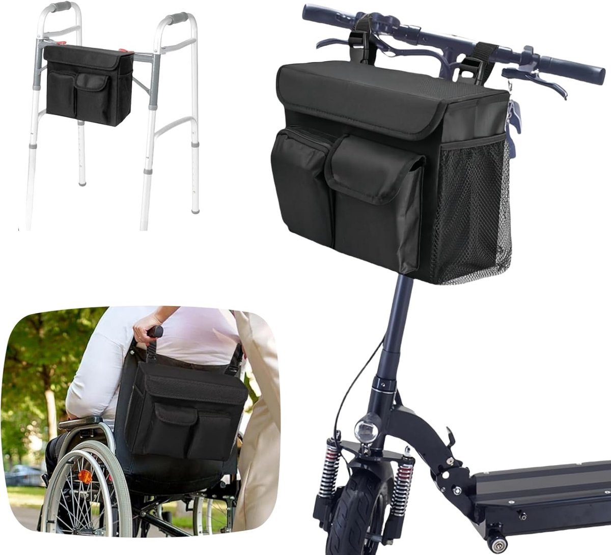 VHV - Opbergtas - Scootmobieltas - Opbergtas voor scootmobiel en rolstoel - Met 14 inch laptopvak en 2 bekerhouders - Organizer voor fiets en mobiliteitsscooter - Zwart