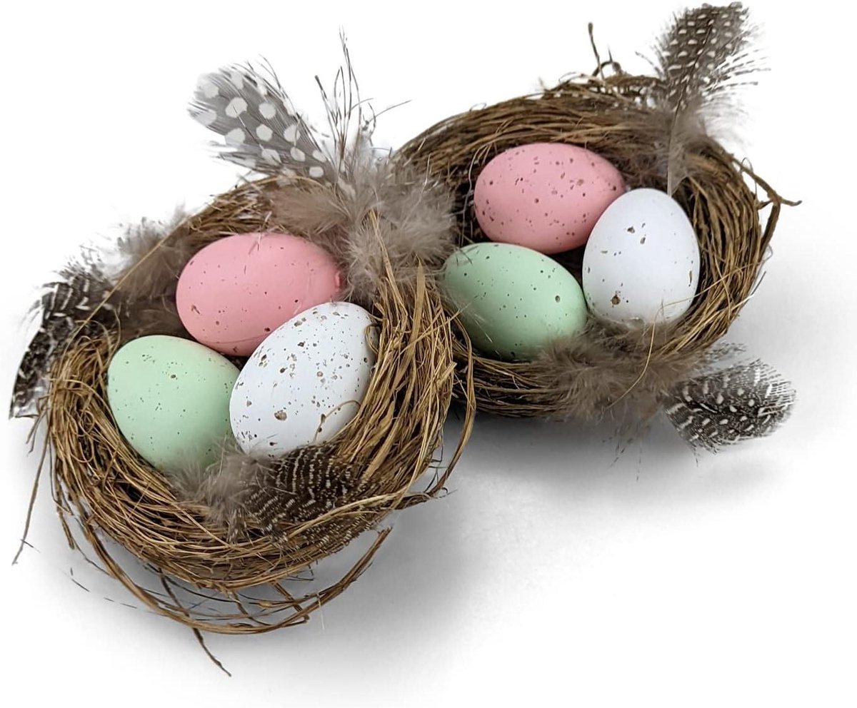 Decoratief Vogelnest - Paasnest met eieren - Lentedecoratie - Natuurlijke uitstraling - 8 cm diameter - Natuurlijk