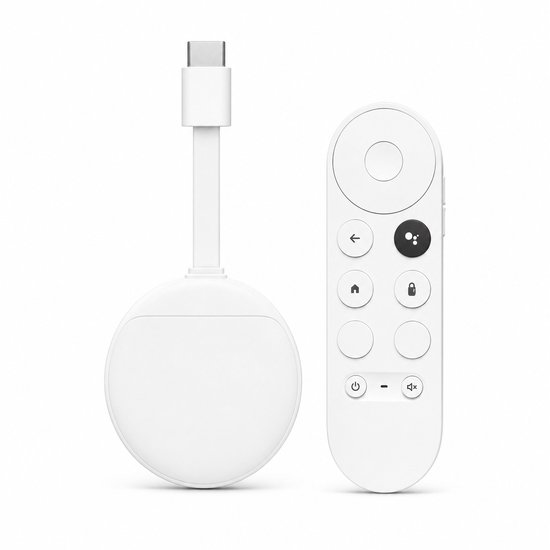 Witte streamingdongel met HDMI-kabel en witte afstandsbediening met ronde knoppen en Google Assistant-knop.