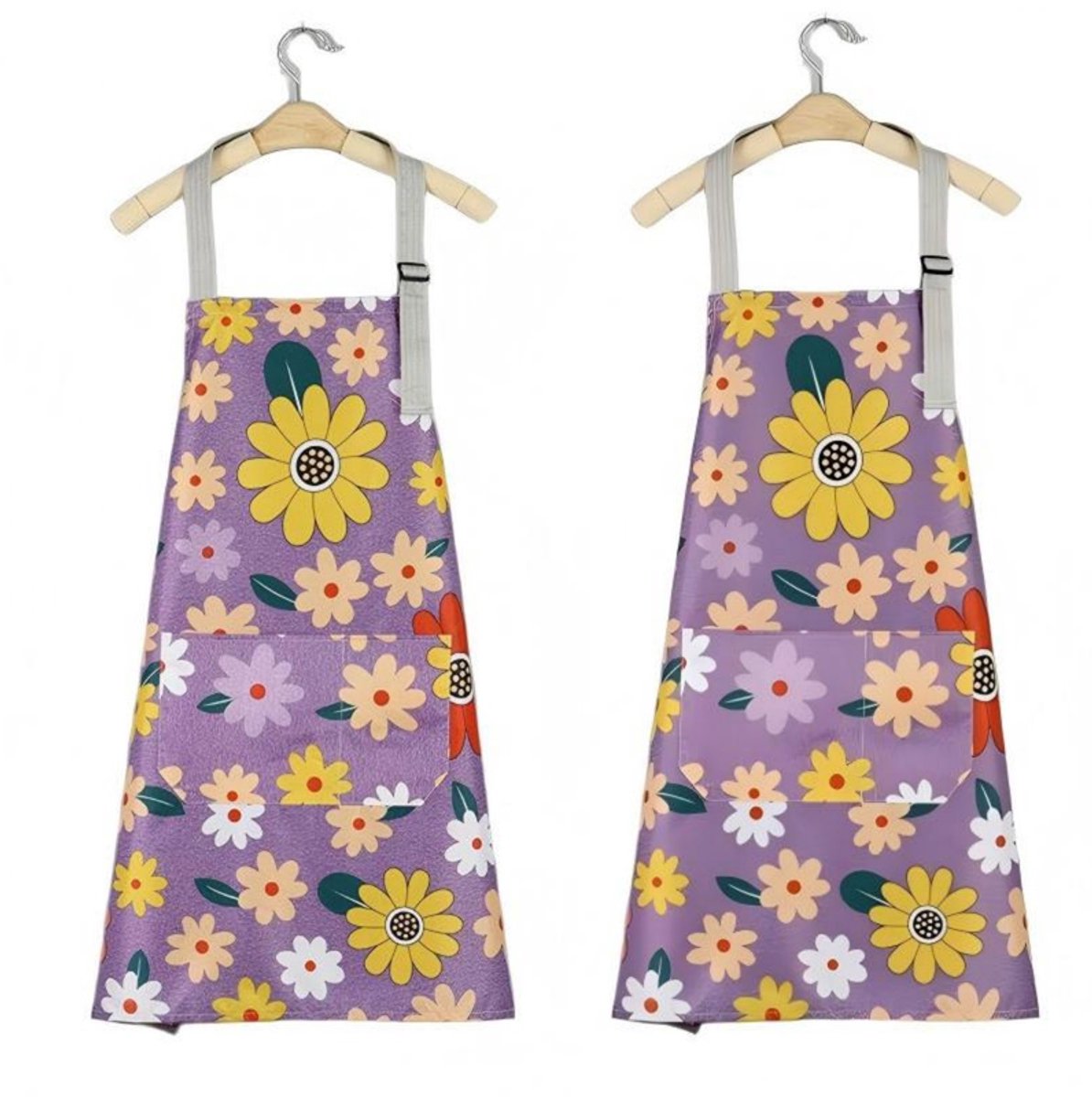 Schort – Set van 2 – 75 x 65 cm – Keukenschort – Schort met bloemenprint – Huishoudschort – Vlekbestendig – Duurzaam – Esthetisch – Minimalistisch – Werkshort – Geschikt voor keuken, schoonmaak, koffiebars, enz.