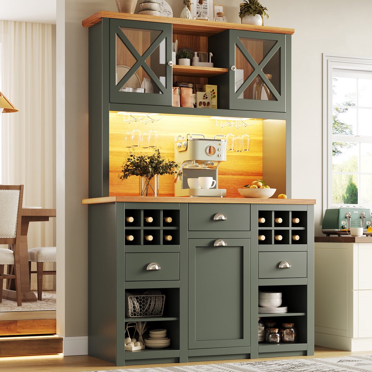 Wishdor - Keukenkast - Hoge kast met glasdeuren, wijnrek en LED-verlichting - modern - keukenopslag - houtlook en glas - antiek groen - 120 x 45 x 188 cm
