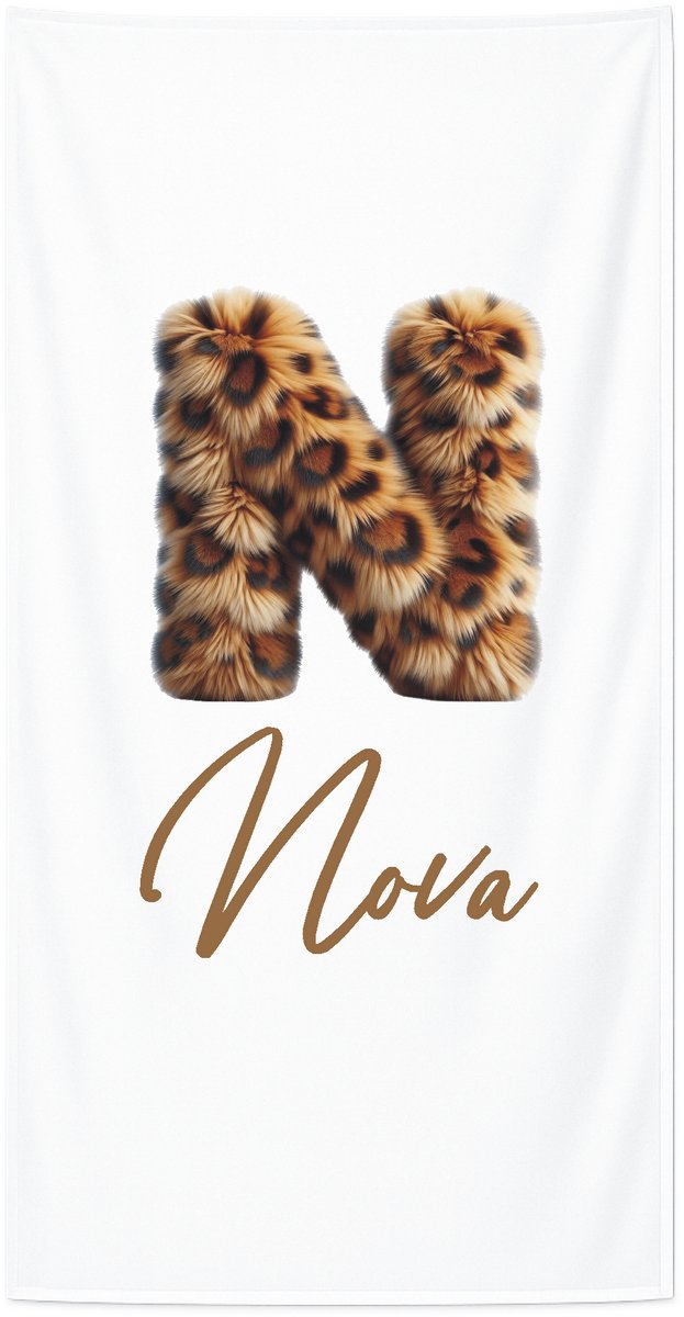 Strandlaken met naam kind 70x140 cm - Badhanddoek badstof - Gepersonaliseerd – Luipaard – Livingstickers - Wit